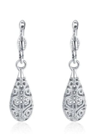 18K White GOLD Filled Elegant Women Filigree Drop Earrings VINTAGE Look Stunning