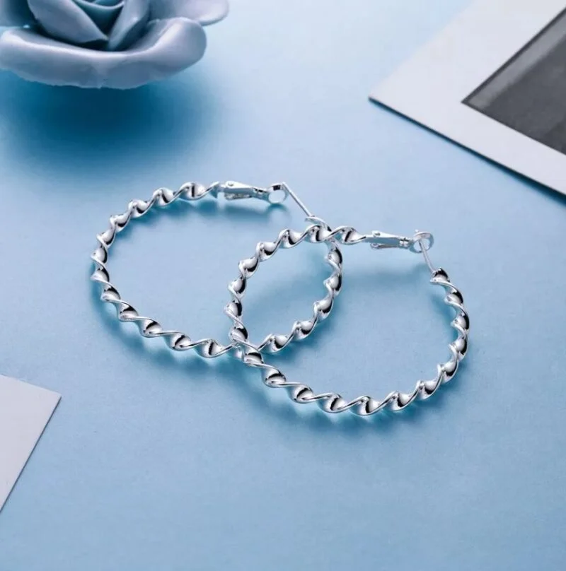 Solid 925 Sterling Silver Plain Large Twisted Hoop Earrings